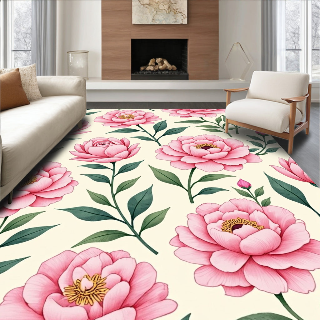 Floral Pink Peony Garden Print Rug