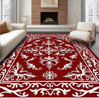 Elegant Red White Floral Border Rug