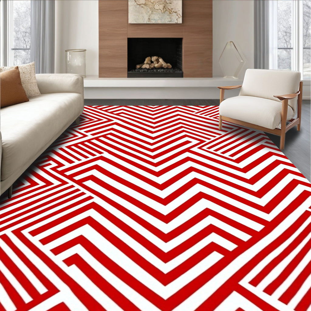 Red And White Geometric Abstract Rug