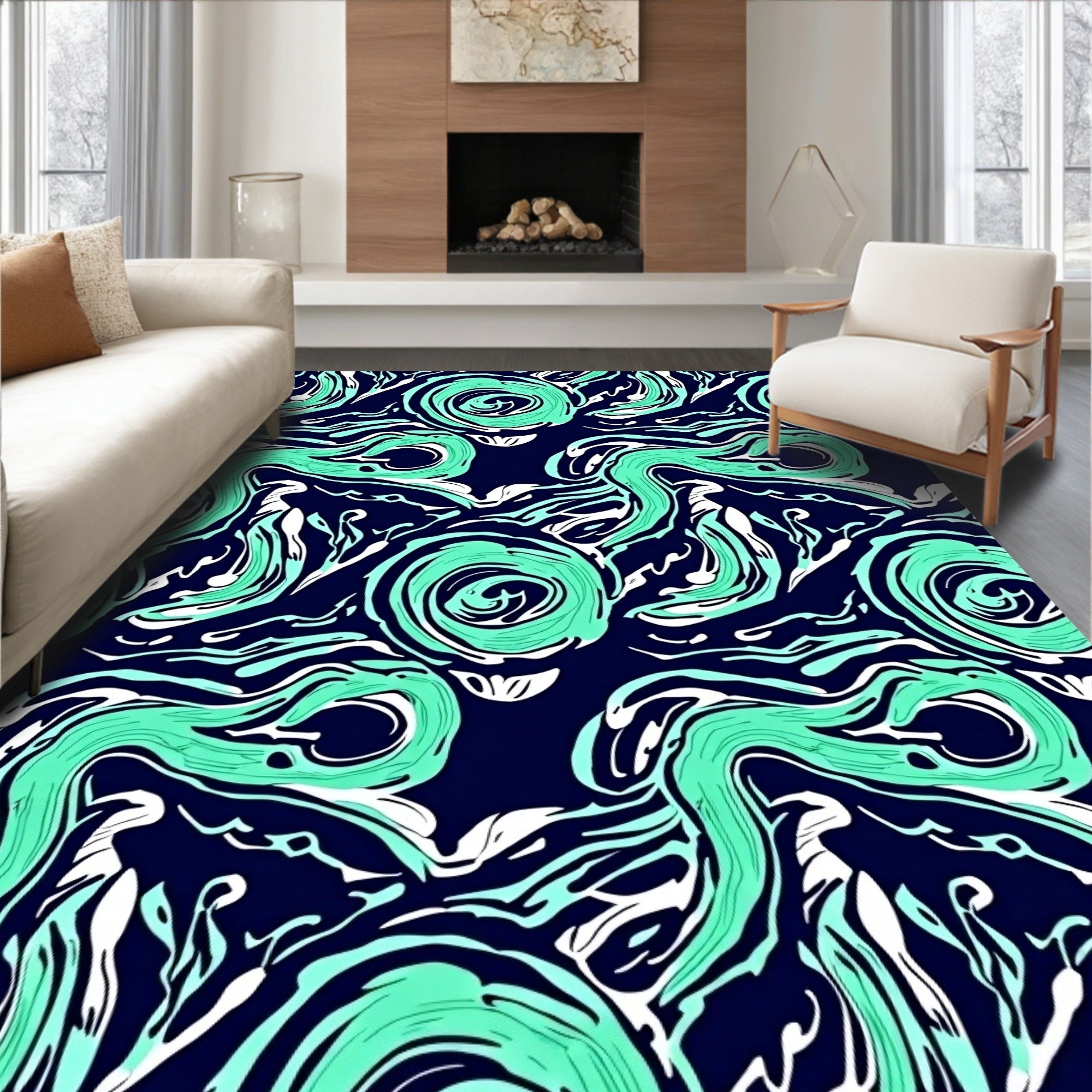 Abstract Aqua Swirls Pattern Rug