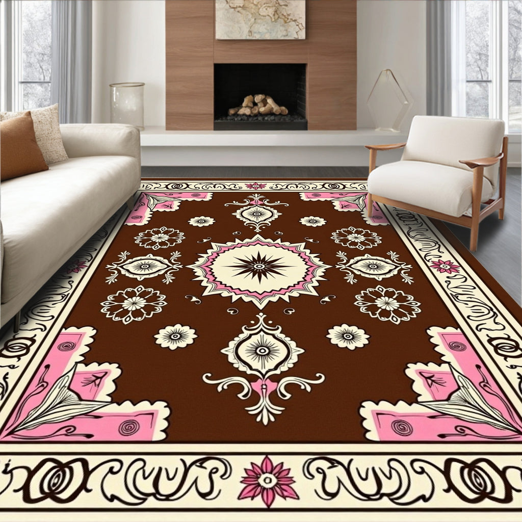 Bold Floral Medallion Brown Pink Rug