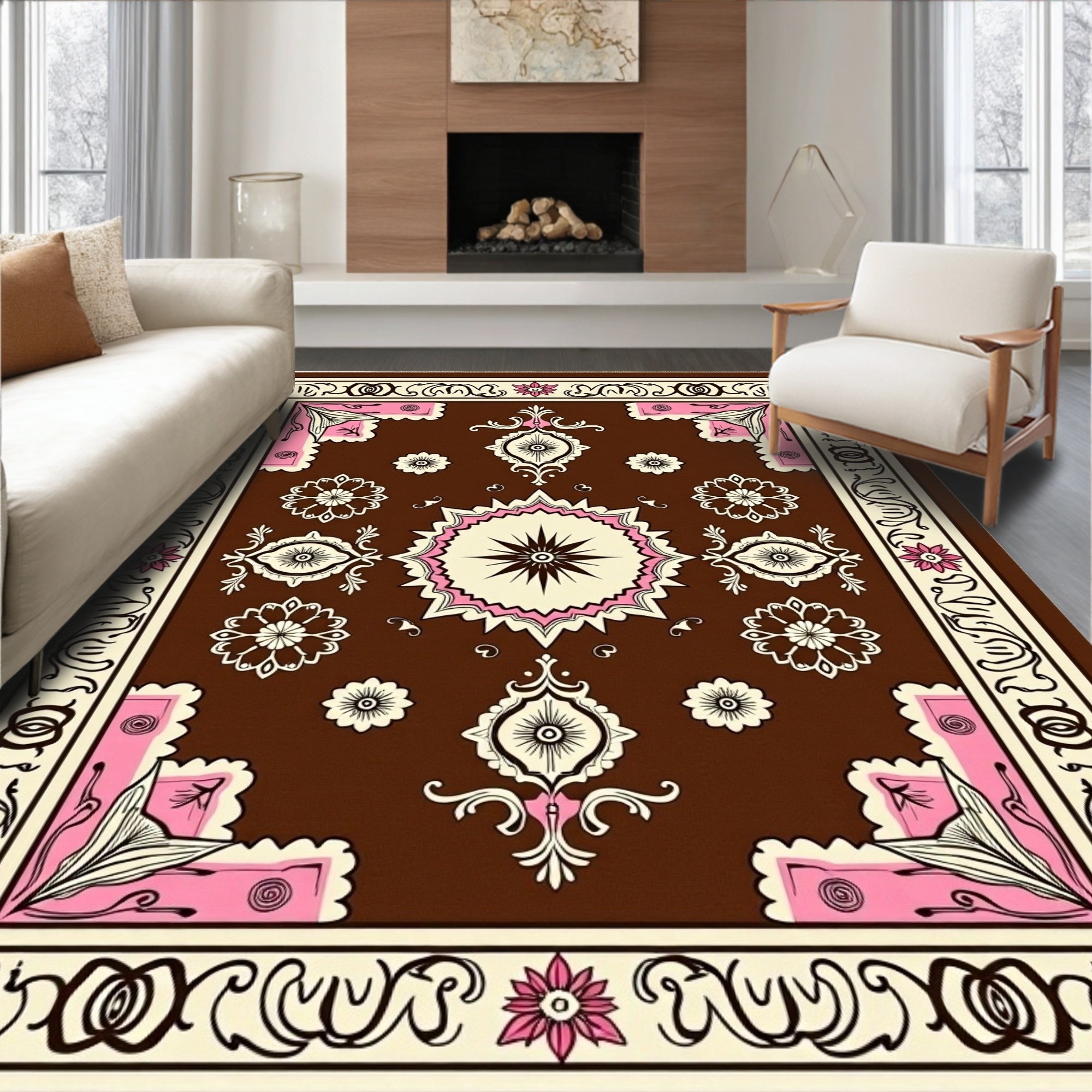 Bold Floral Medallion Brown Pink Rug