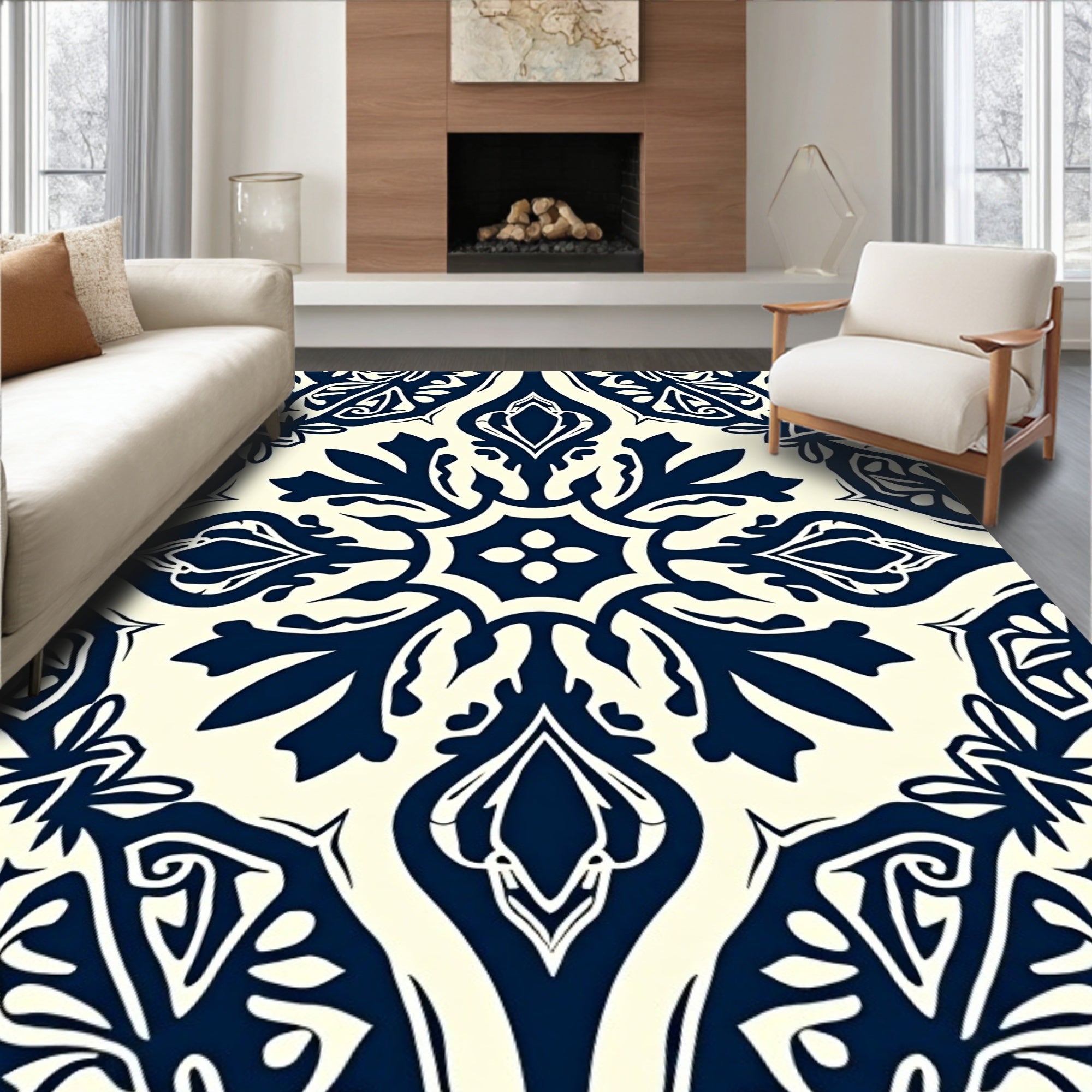 Deep Blue And Cream Intricate Floral Pattern Rug