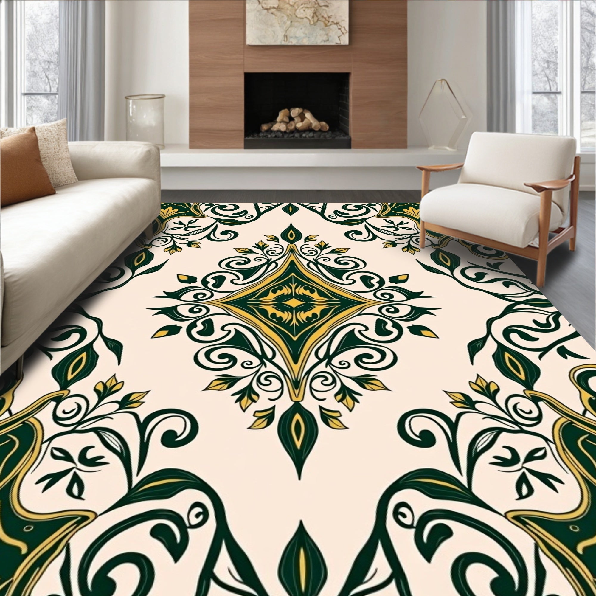 Elegant Green Gold Floral Damask Rug
