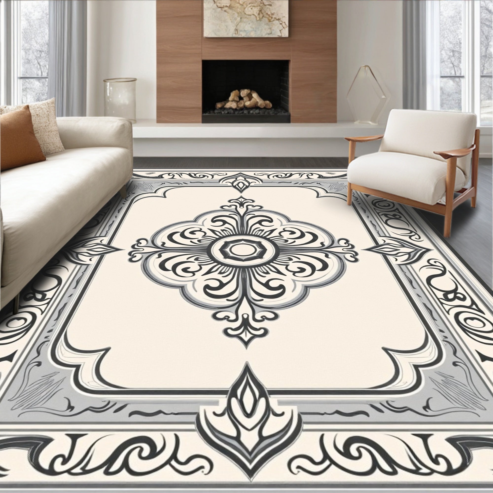 Monochromatic Vintage Floral Symmetry Rug