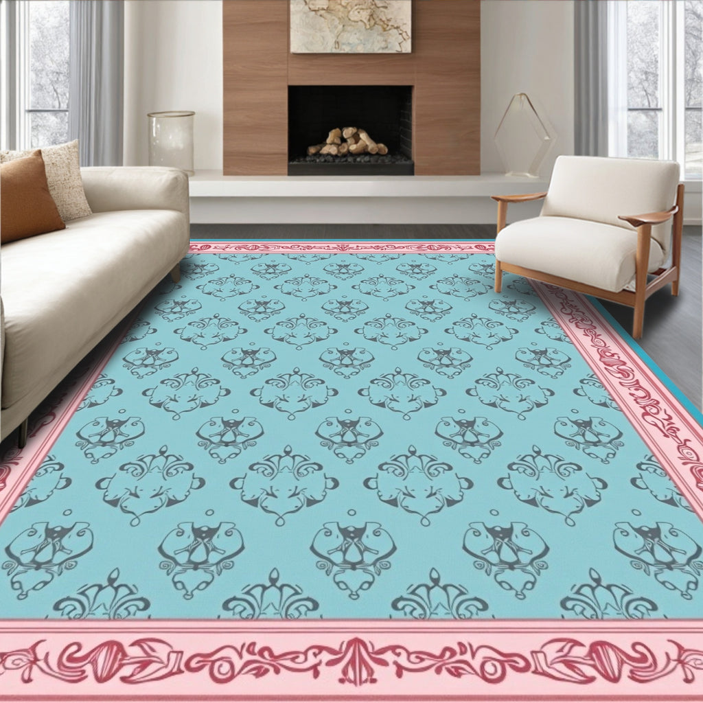 Aqua Damask Floral Border Rug