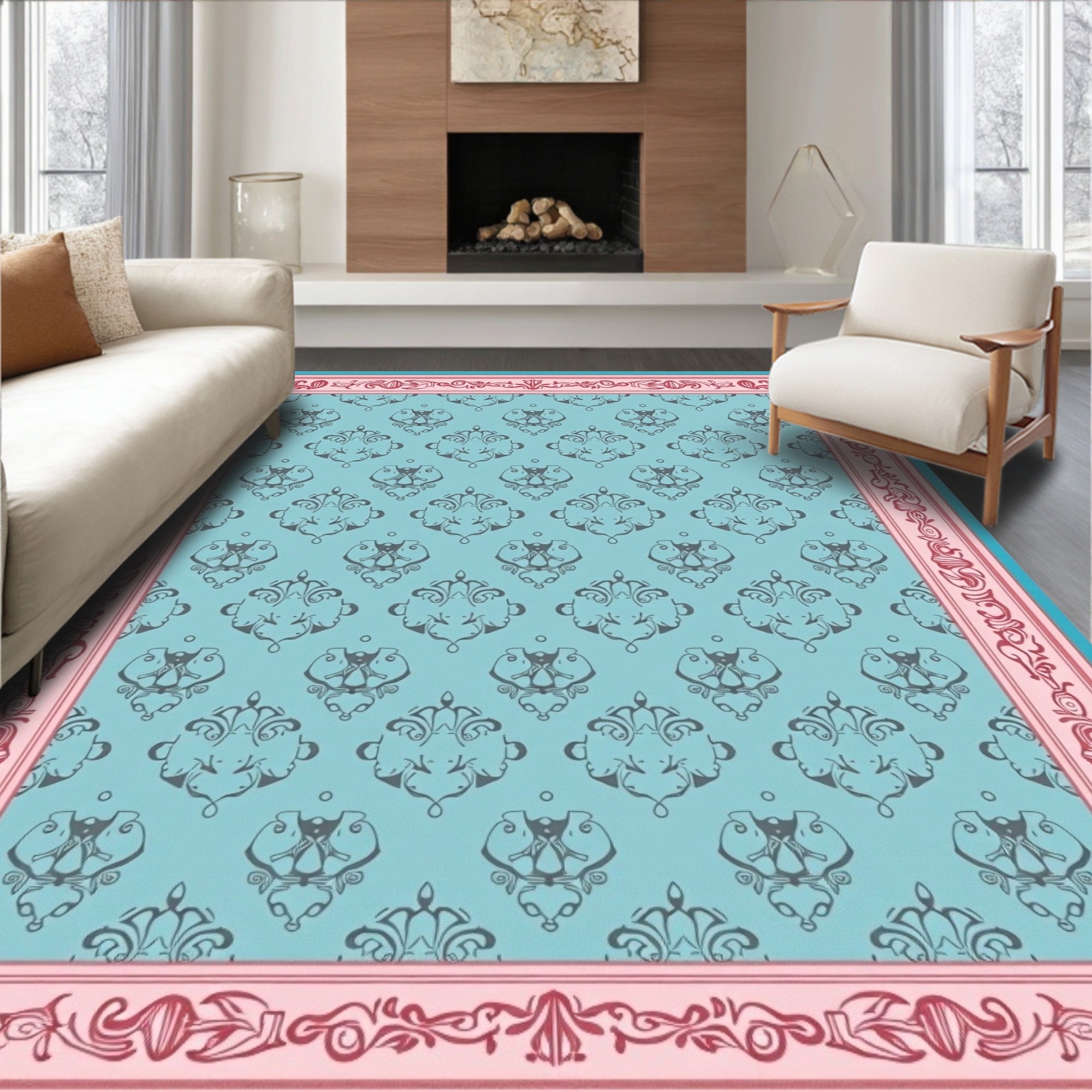 Aqua Damask Floral Border Rug