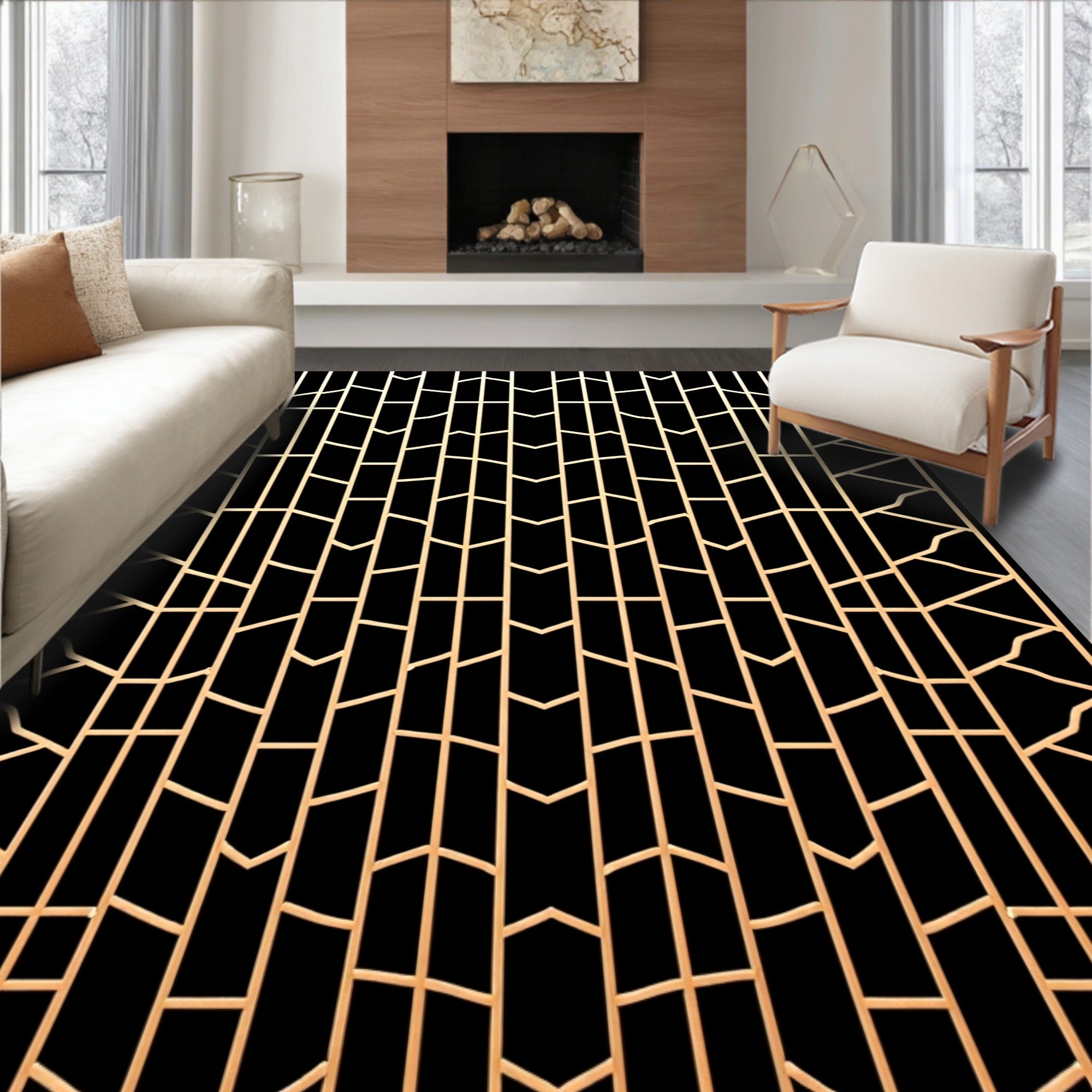 Golden Geometric Art Deco Pattern Rug