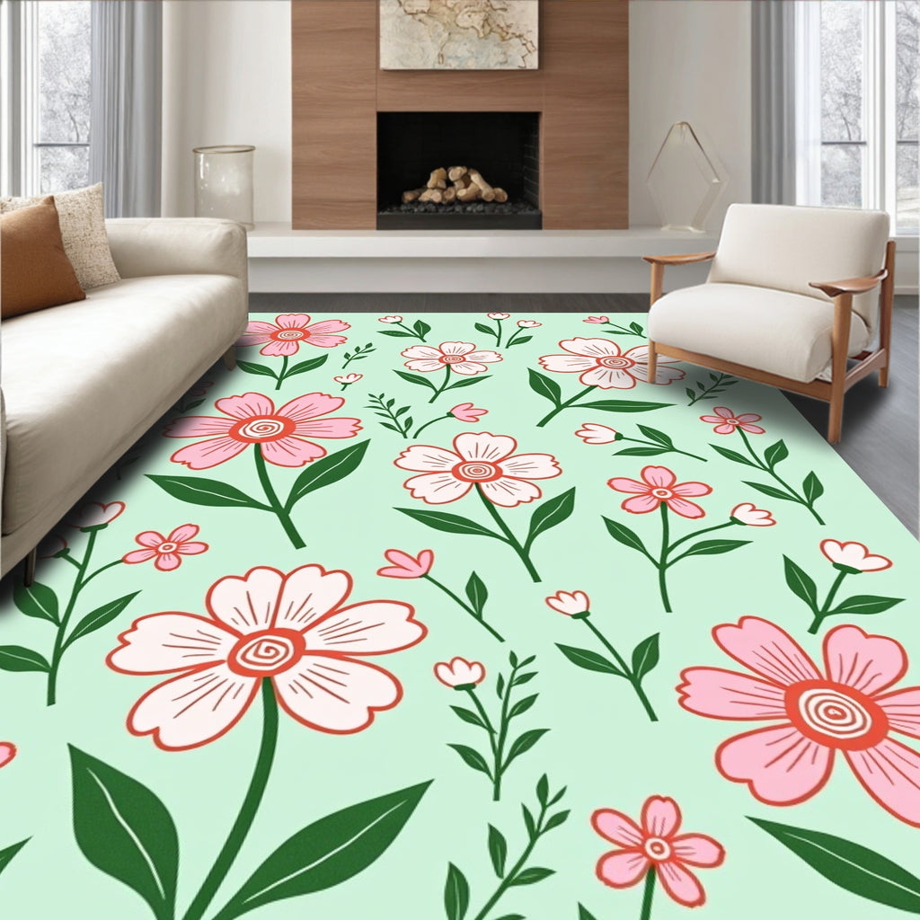 Pink and Green Floral Pattern Rug