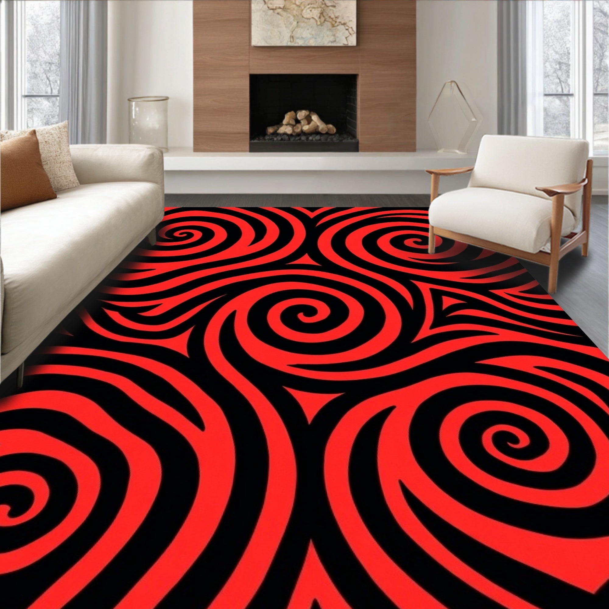 Bold Swirl Red Black Graphic Rug