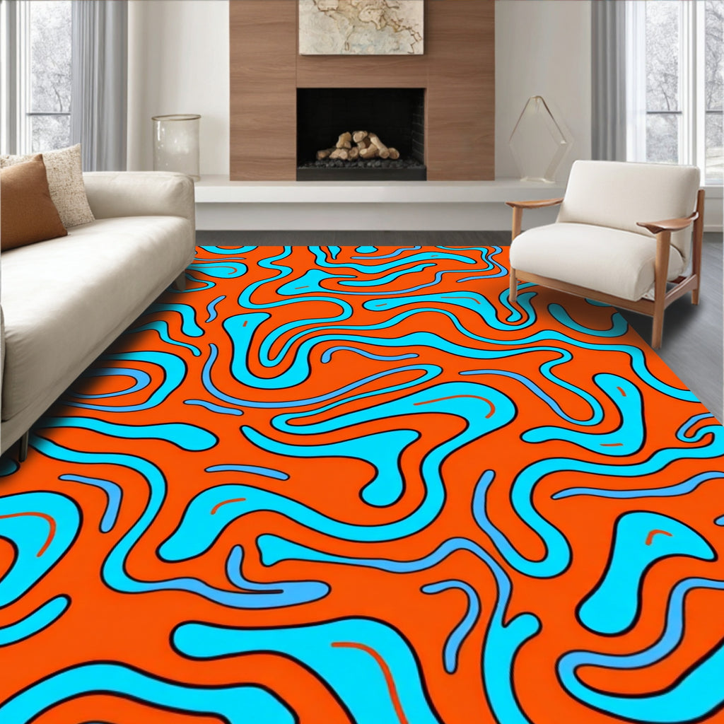 Retro Orange Blue Wavy Abstract Design Rug