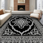 Ornate White Floral Black Pattern Rug