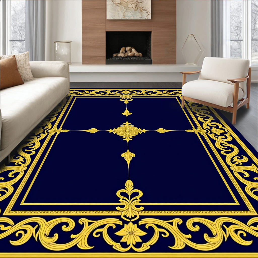 Ornate Gold Scrollwork Border Design Rug