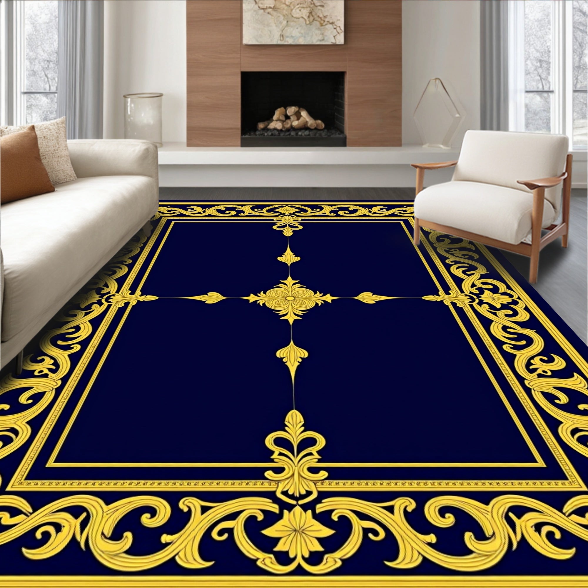 Ornate Gold Scrollwork Border Design Rug