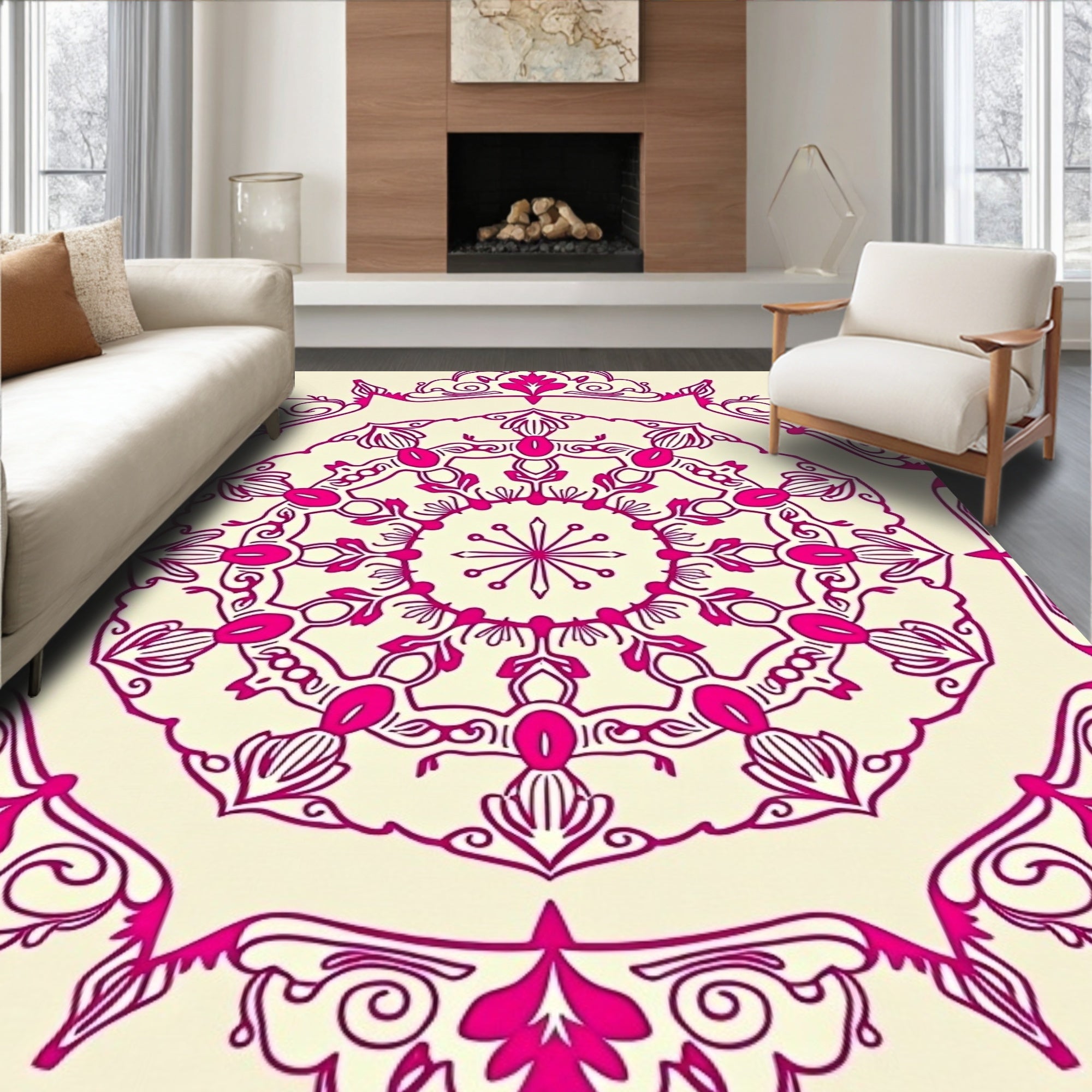 Radial Mandala Design with Pink Accents Rug