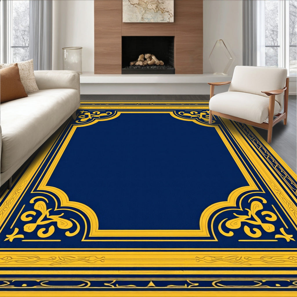 Ornate Blue Gold Geometric Border Rug