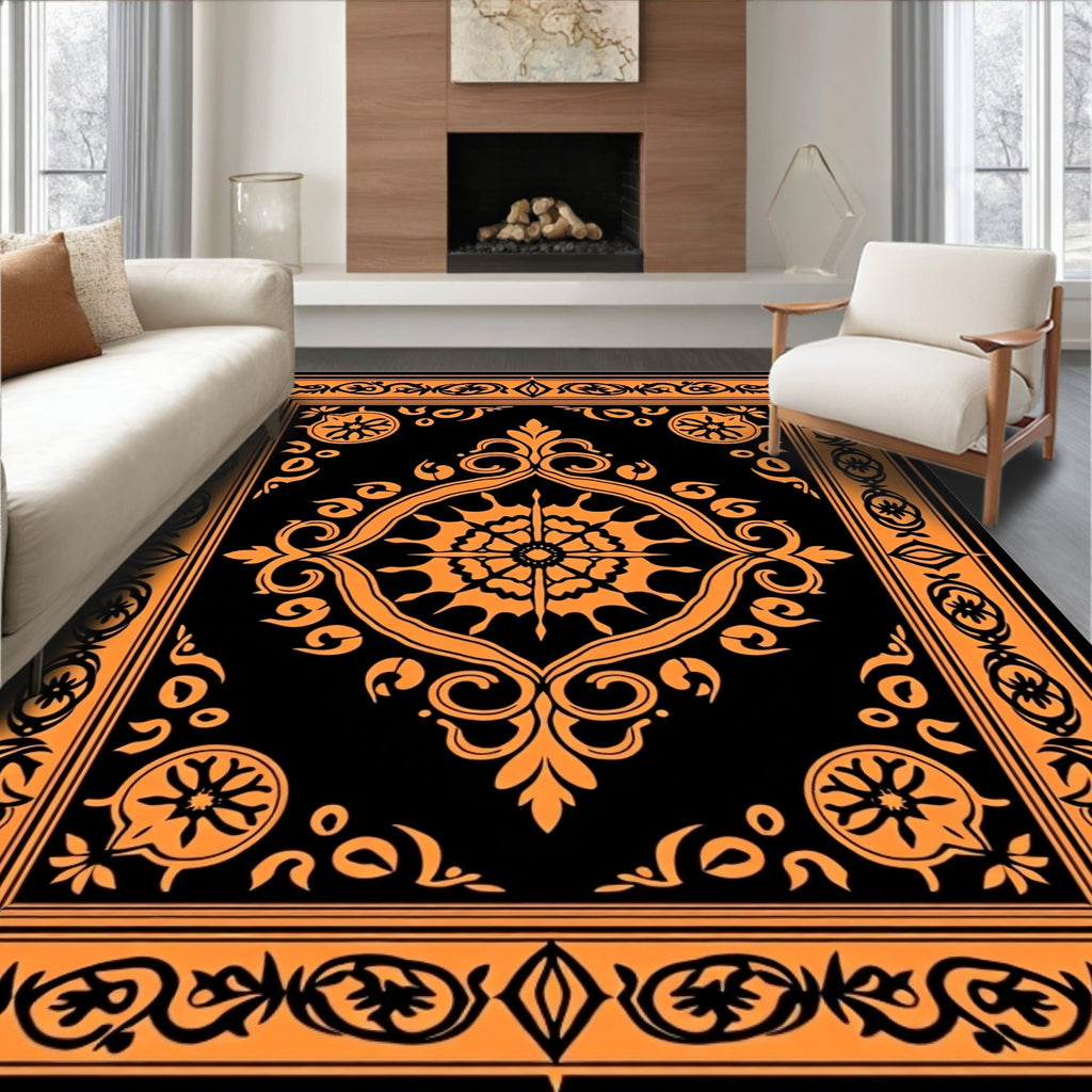 Bold Orange Floral Scroll Pattern Rug