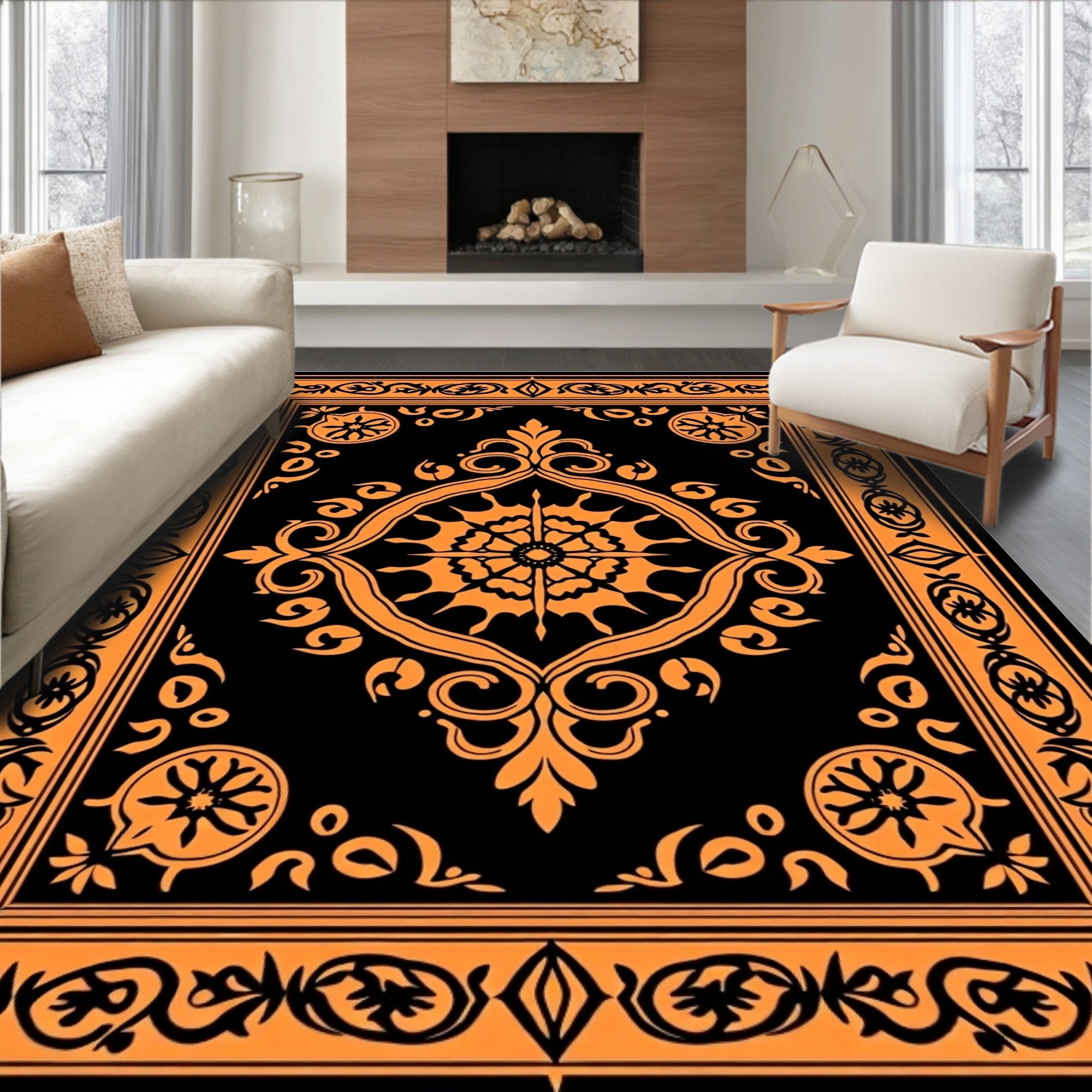 Bold Orange Floral Scroll Pattern Rug