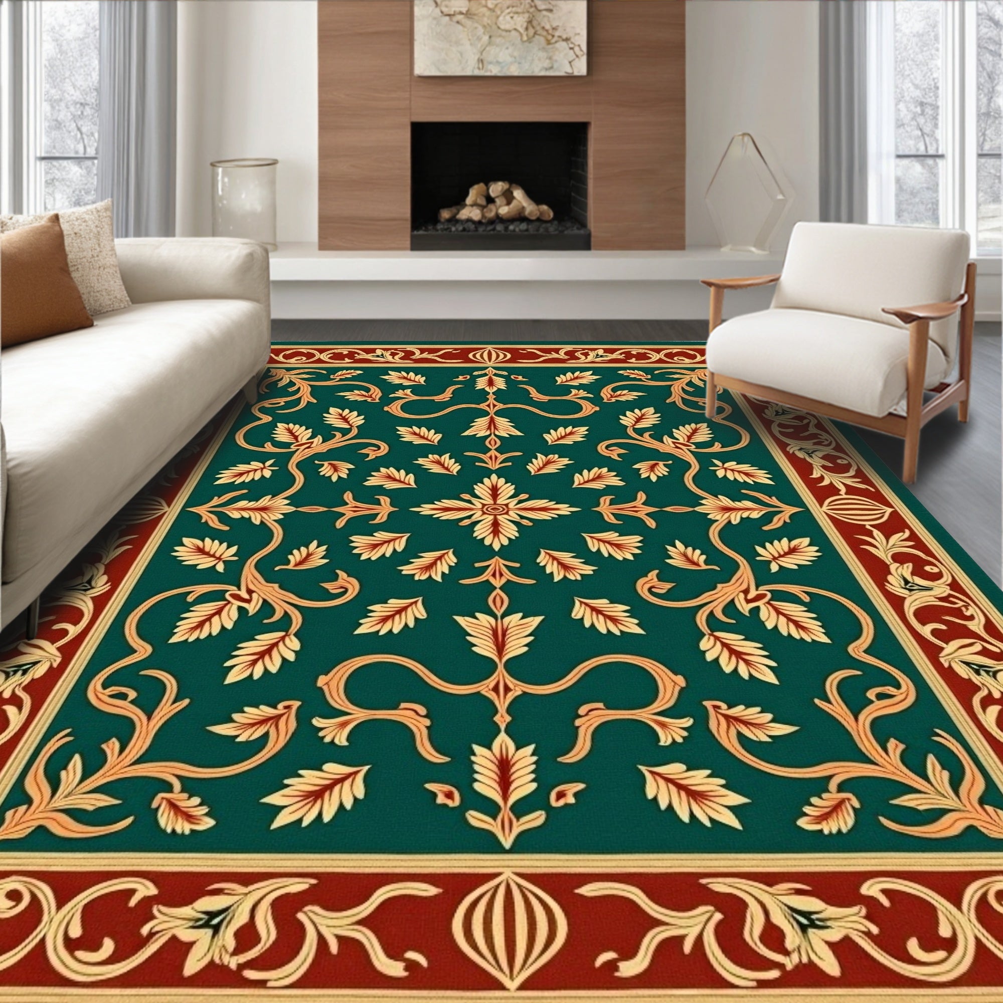 Emerald Floral Scroll Patterned Rug