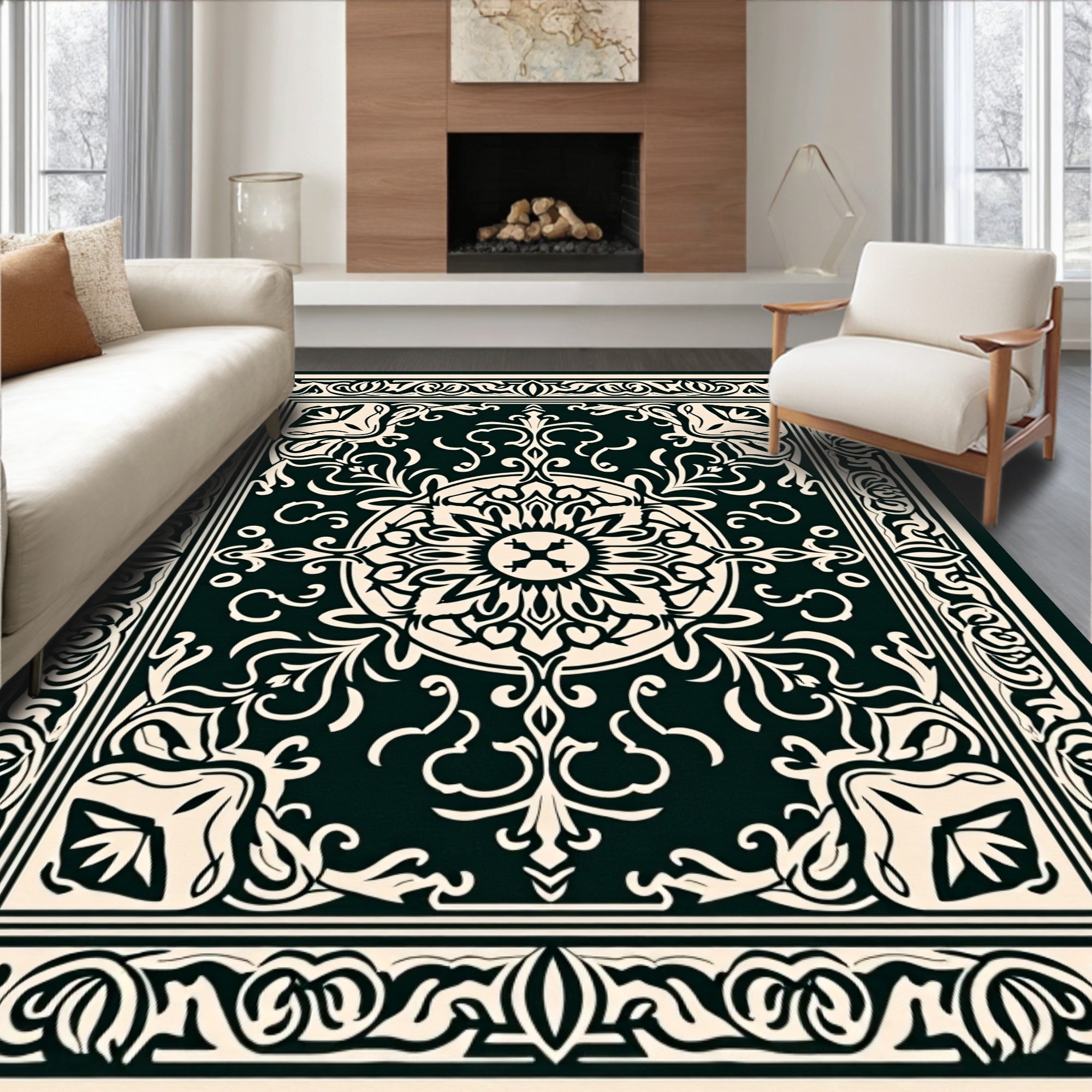 Elaborate Floral Scrollwork Medallion Design Rug