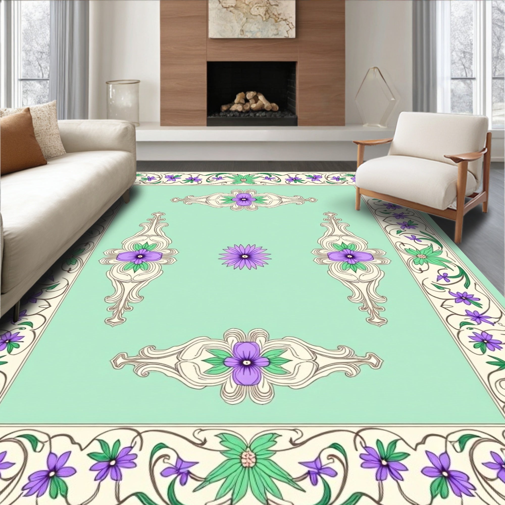 Elegant Purple Floral Border Design Rug