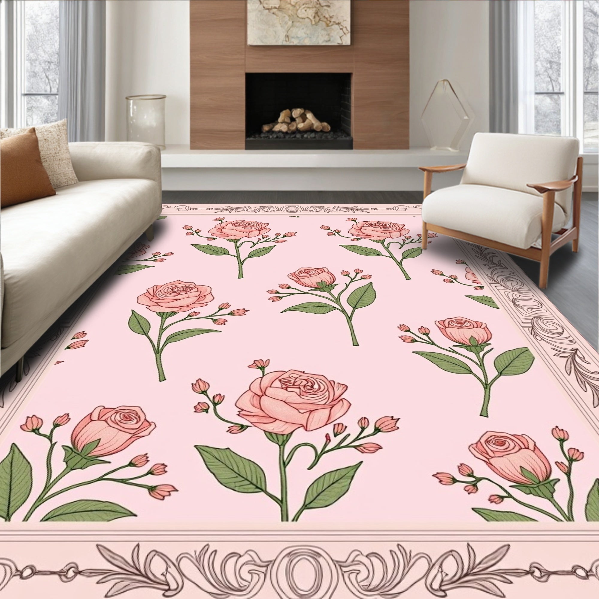 Vintage Pink Rose Floral Pattern Rug