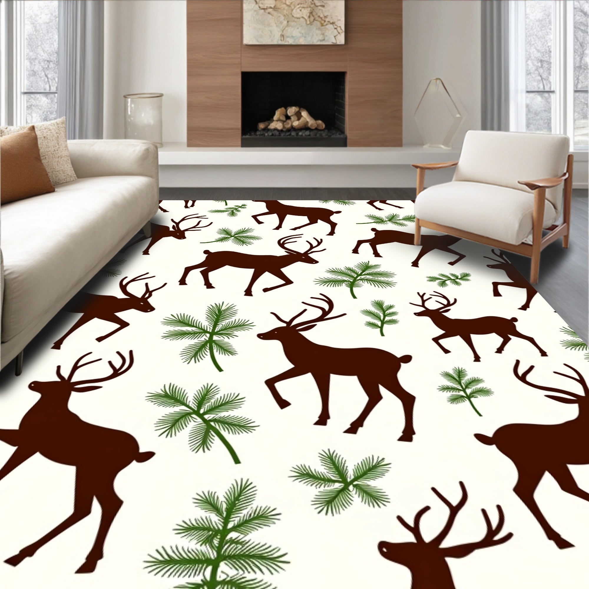Dark Brown Deer Pine Sprig Scatter Rug