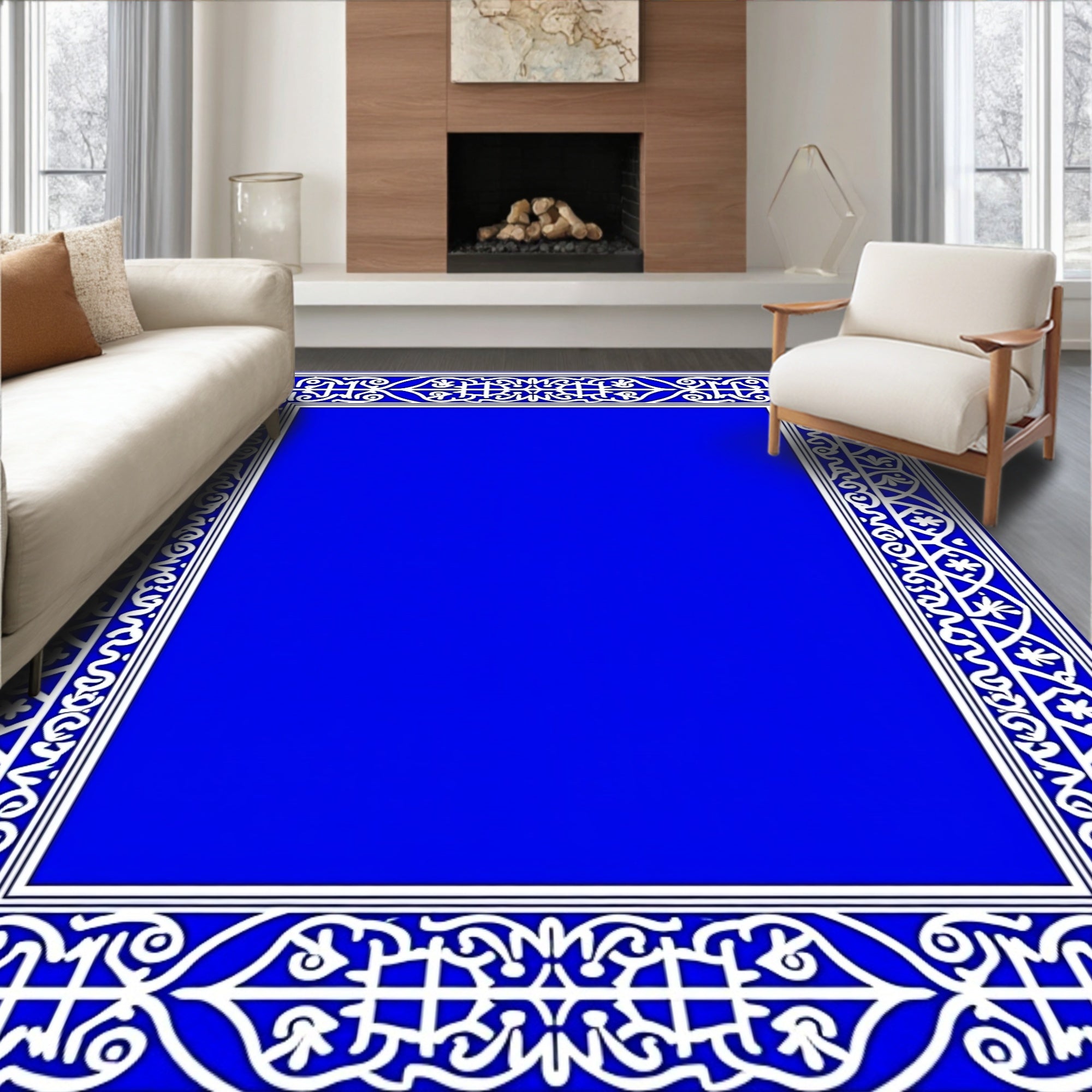 Royal Blue White Intricate Border Rug