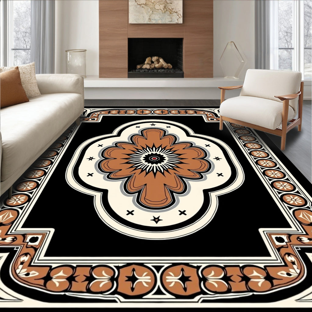 Ornate Floral Border Black Rug
