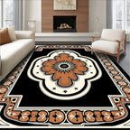 Ornate Floral Border Black Rug
