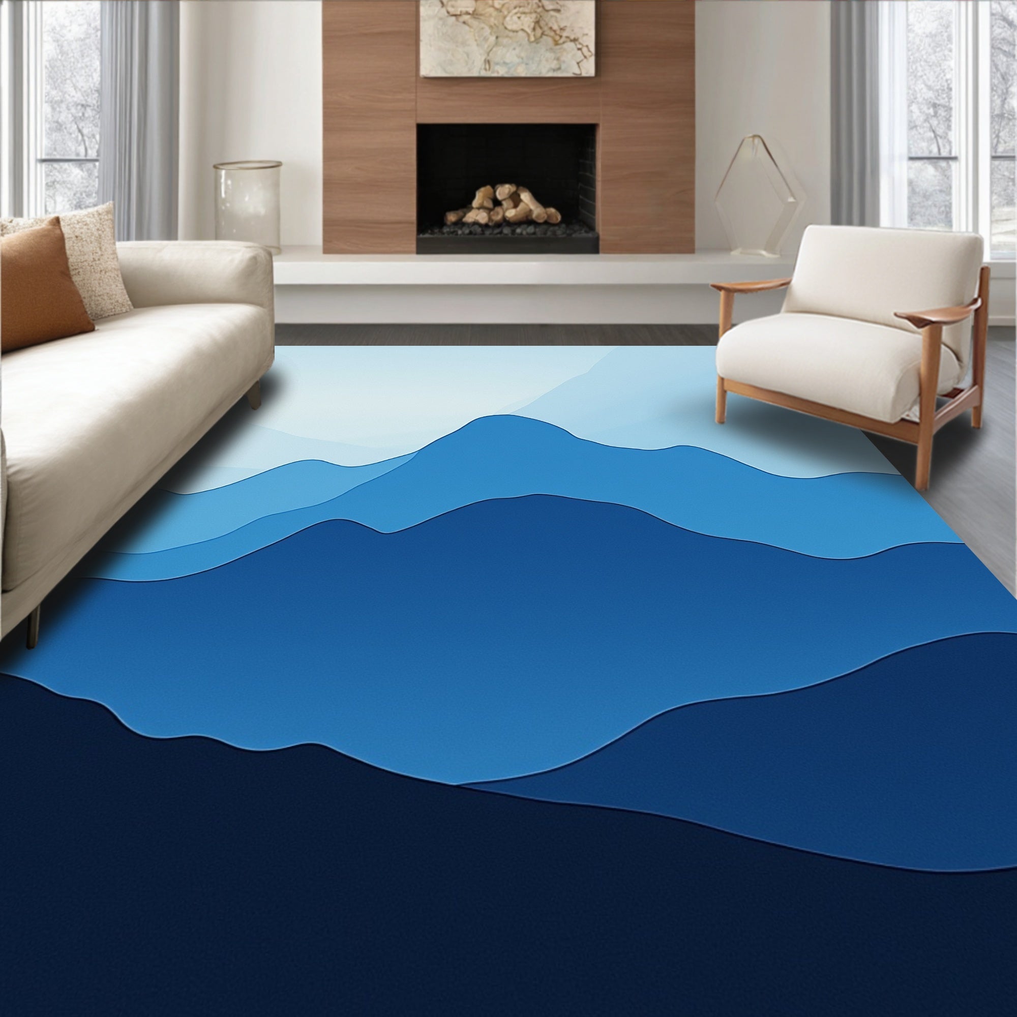Abstract Blue Layered Mountainscape Pattern Rug