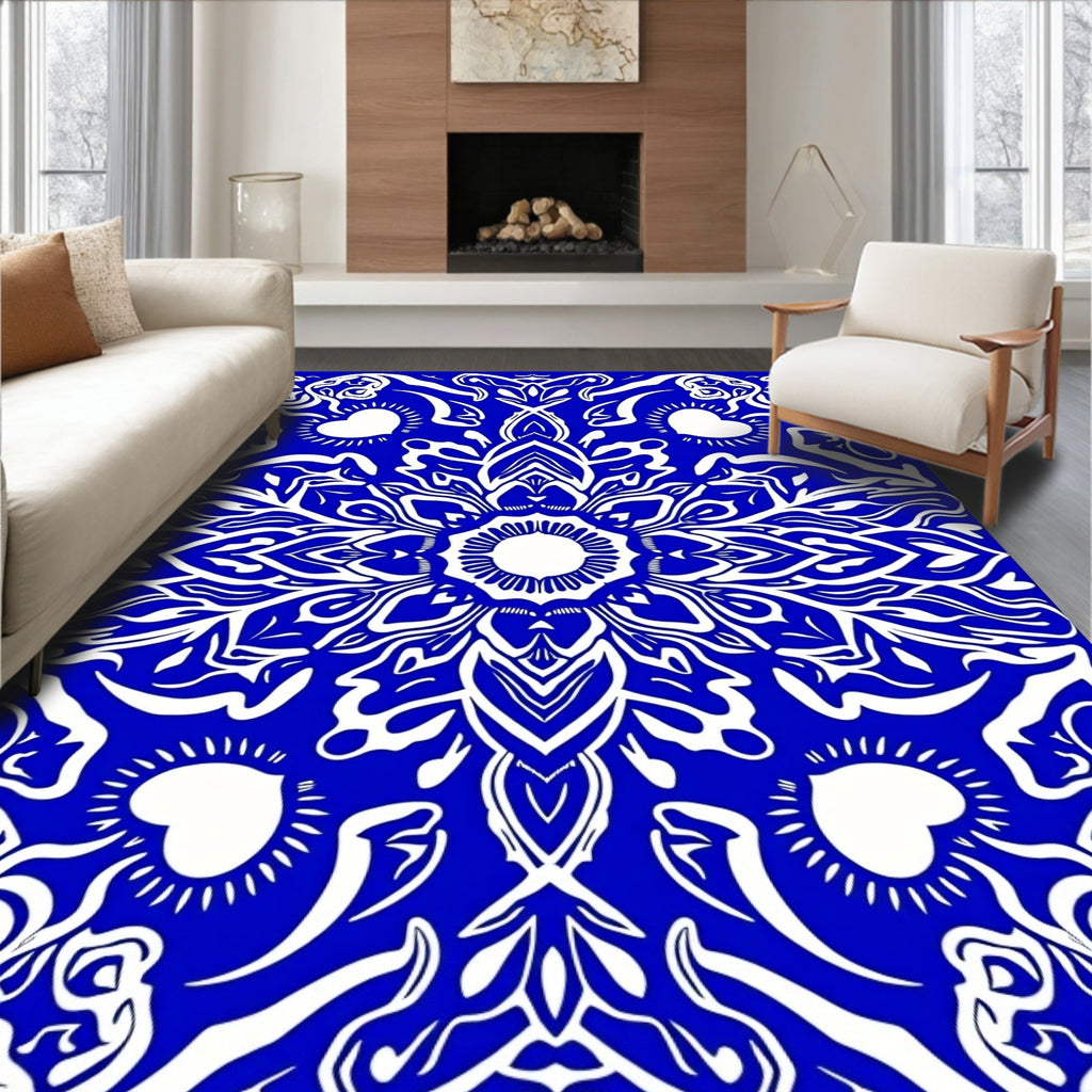 Bold Blue White Heart Mandala Design Rug