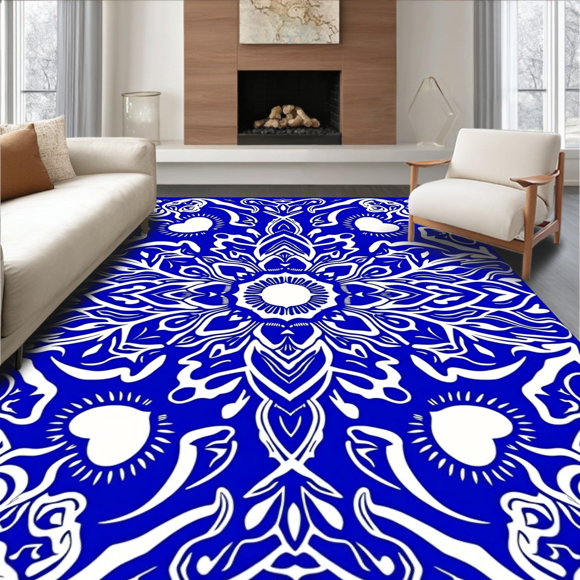 Bold Blue White Heart Mandala Design Rug