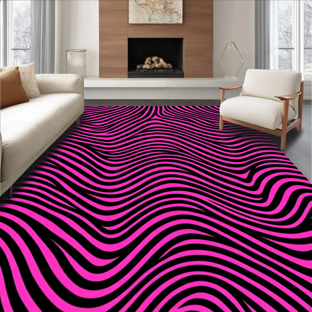 Bold Pink Black Wavy Stripes Rug