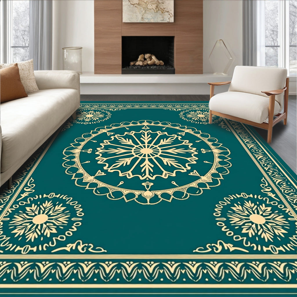 Deep Teal Sunburst Mandala Border Rug