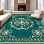 Deep Teal Sunburst Mandala Border Rug