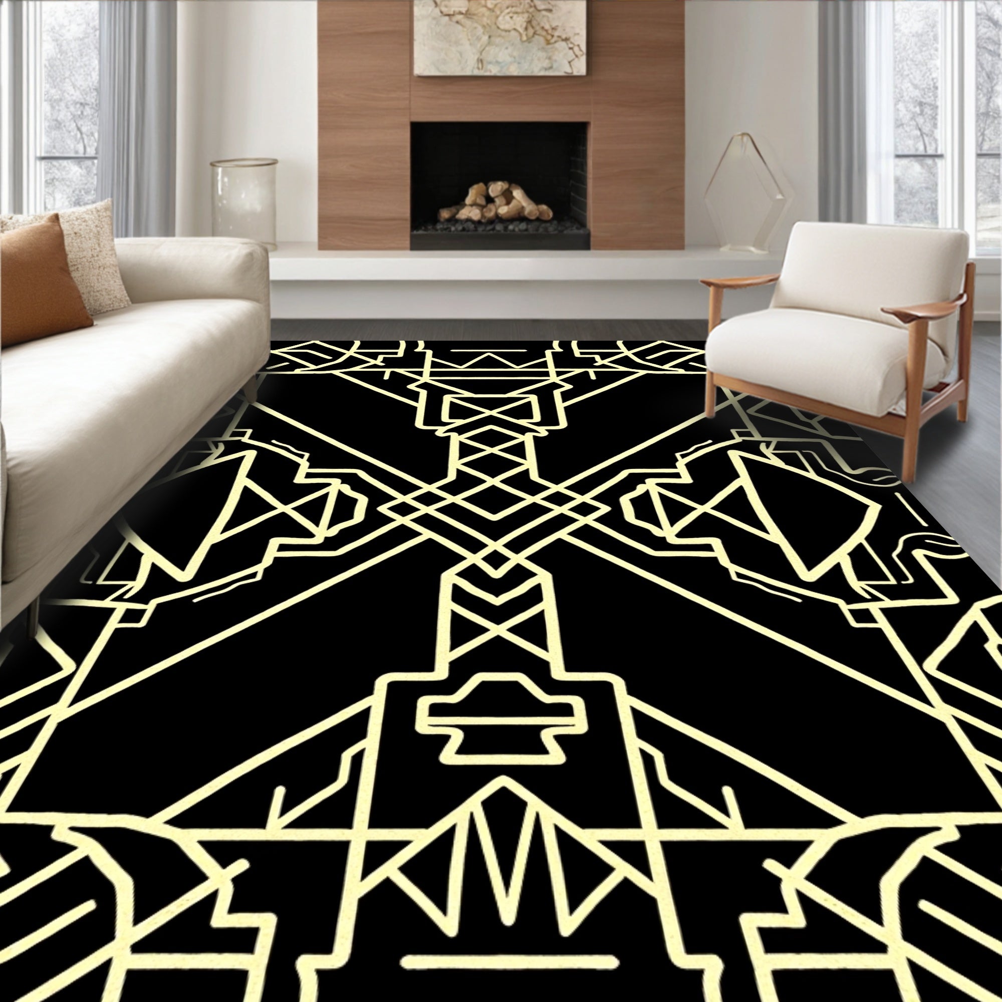 Symmetrical Yellow Lines Abstract Pattern Rug
