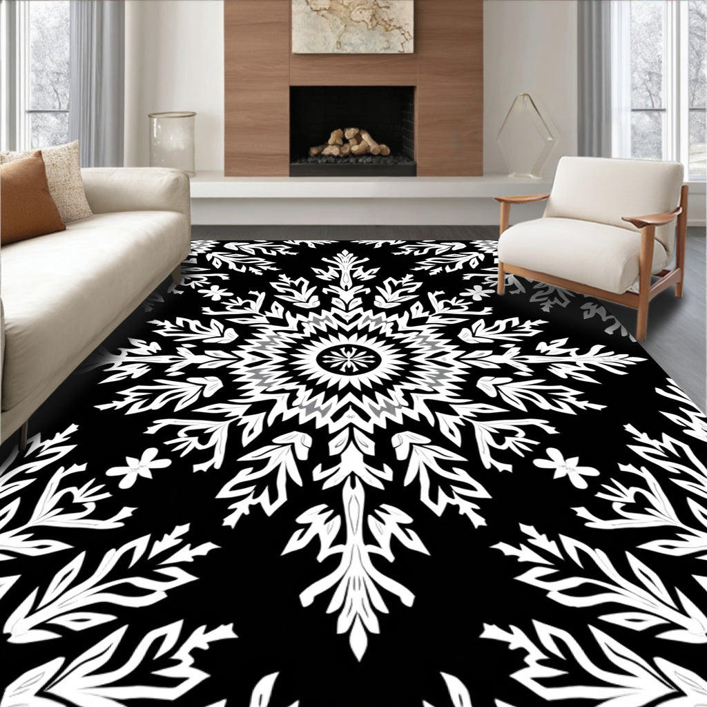 Bold Black and White Floral Mandala Rug