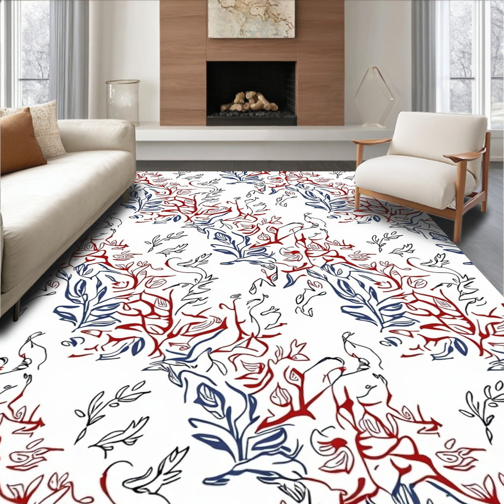 Red Blue Abstract Branch Pattern Rug
