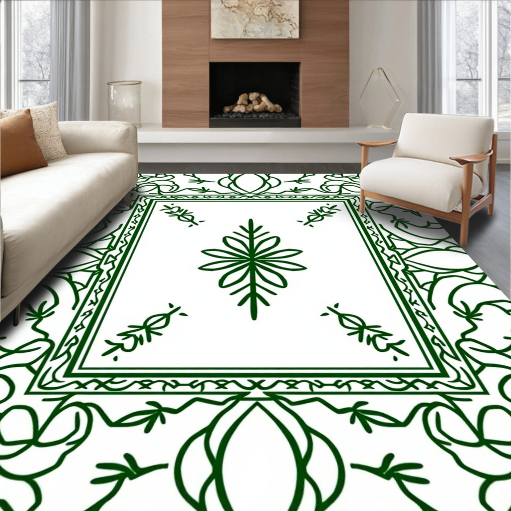 Green Floral Medallion Bordered Design Rug