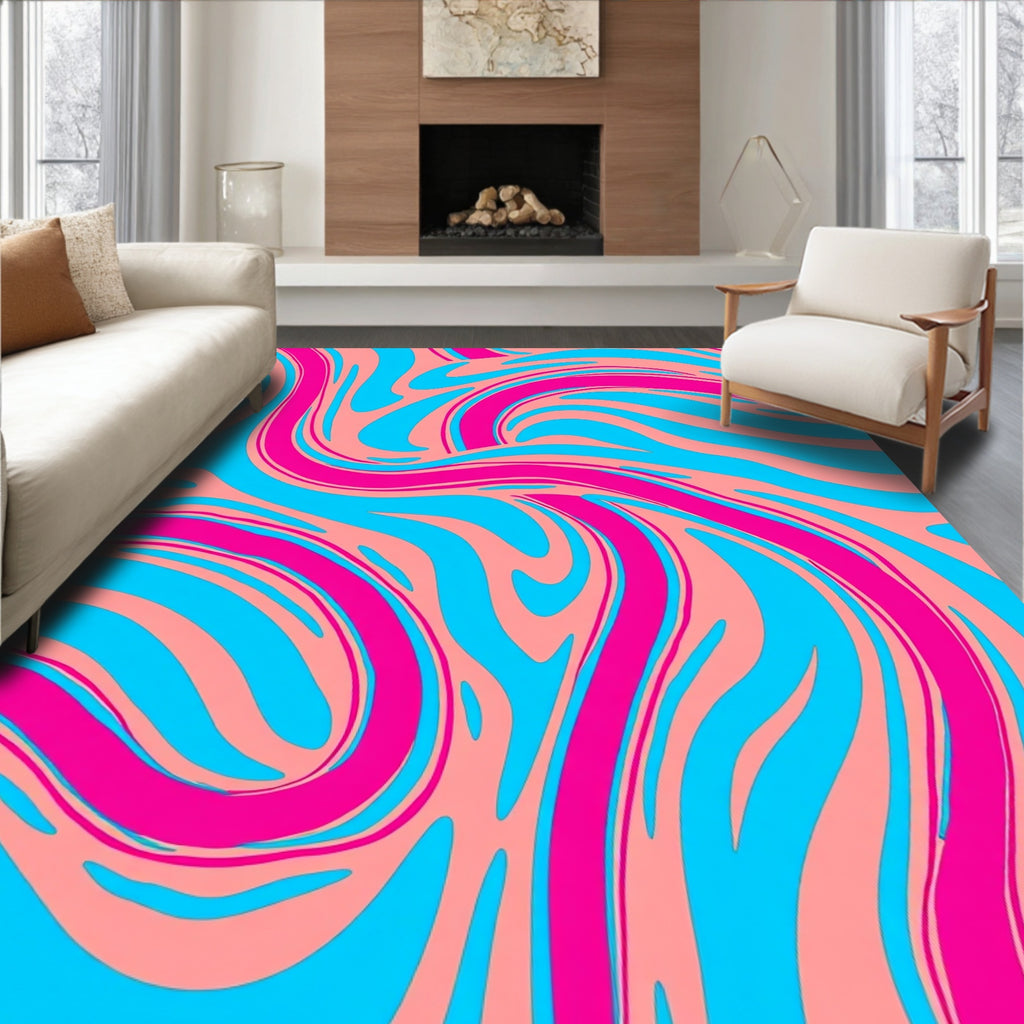 Abstract Swirls Pink Blue Waves Rug