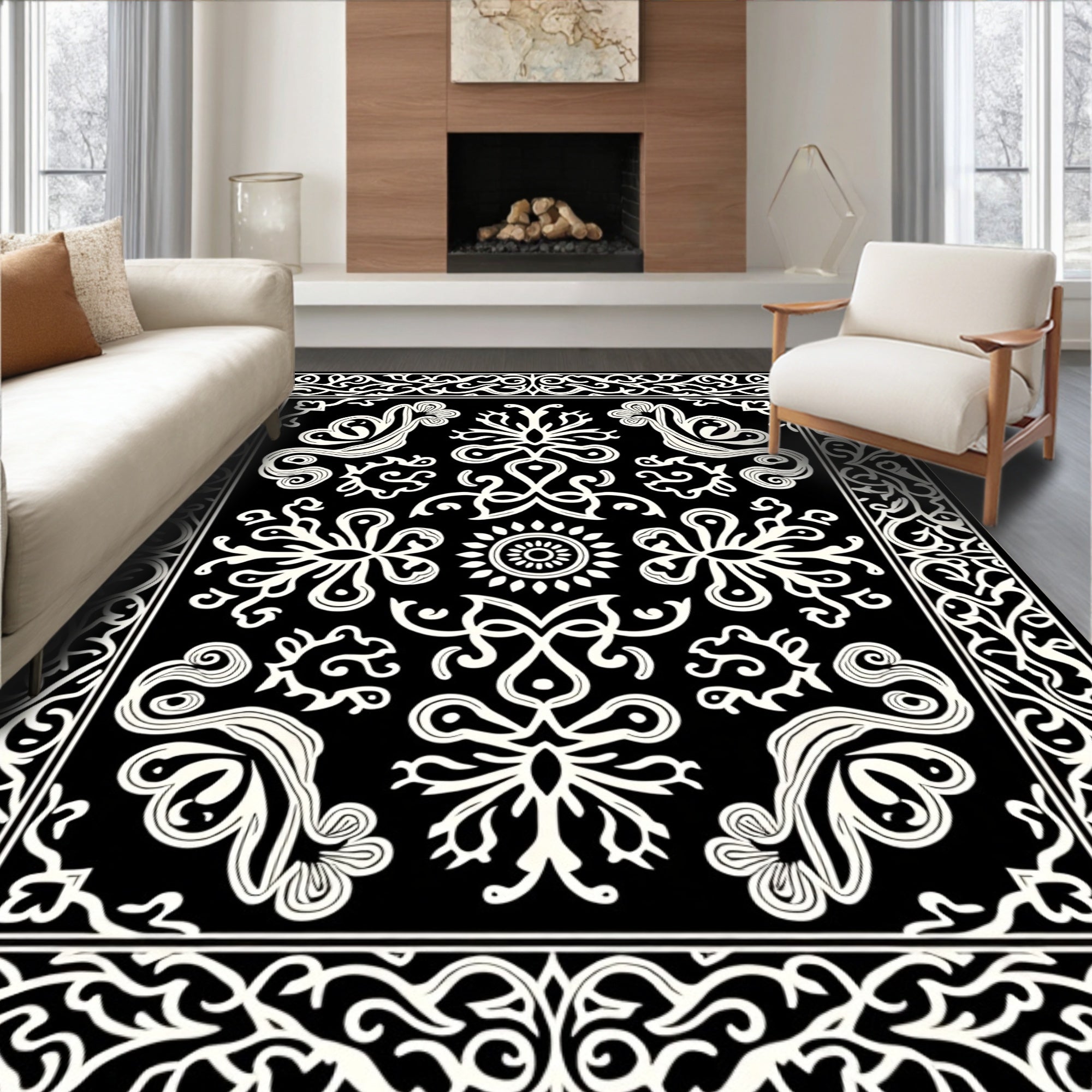 Ornate Scrollwork Floral Pattern Rug