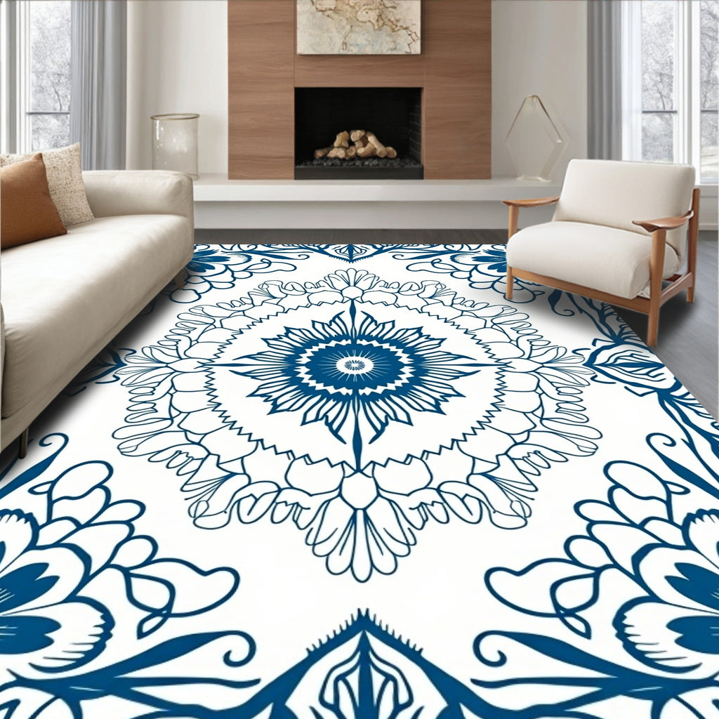 Intricate Blue Floral Mandala Design Rug