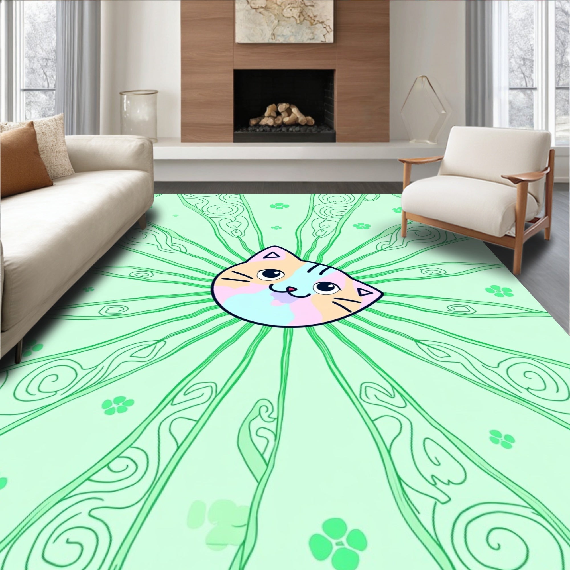 Cute Cat Face Green Swirls Rug