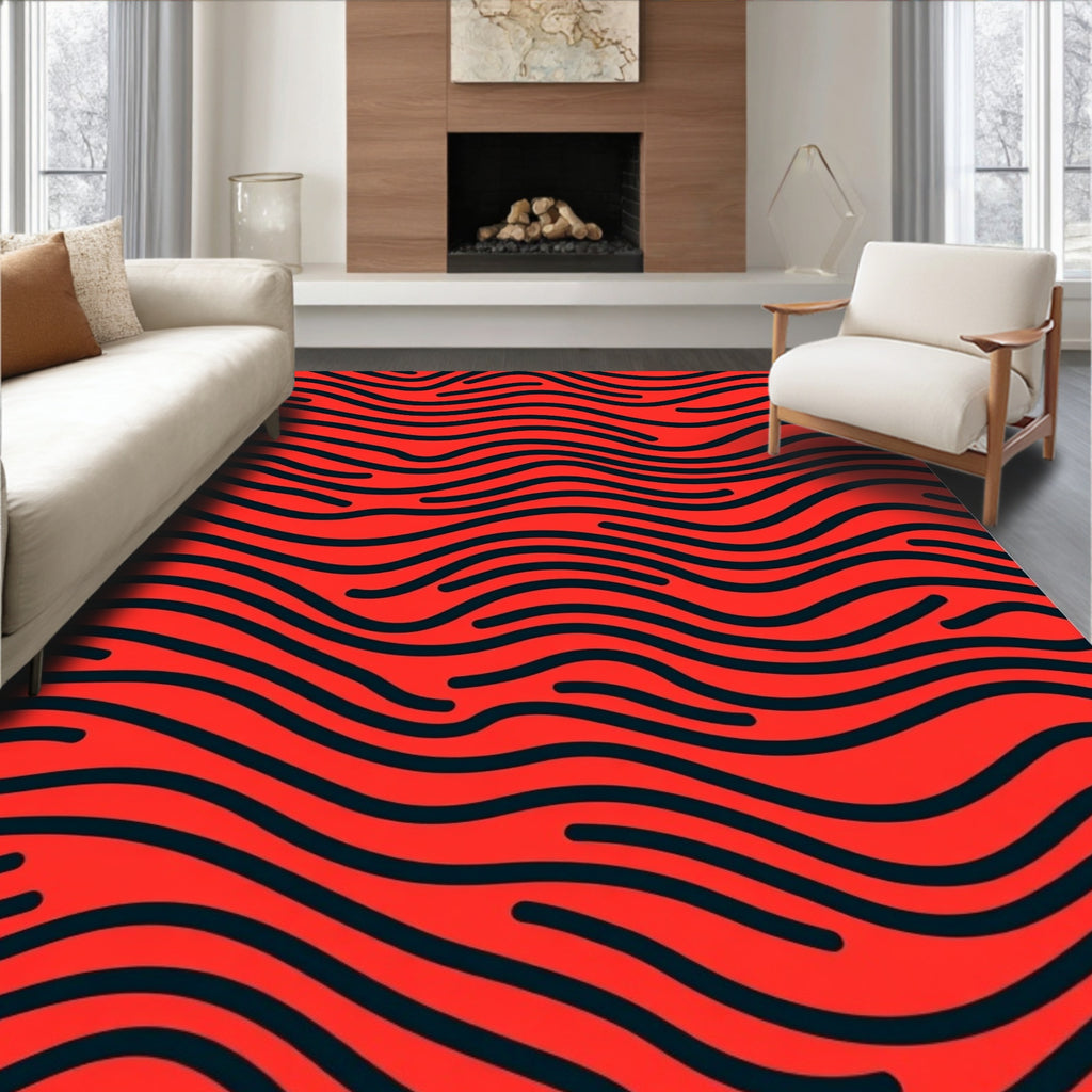 Vibrant Red Black Wave Pattern Rug