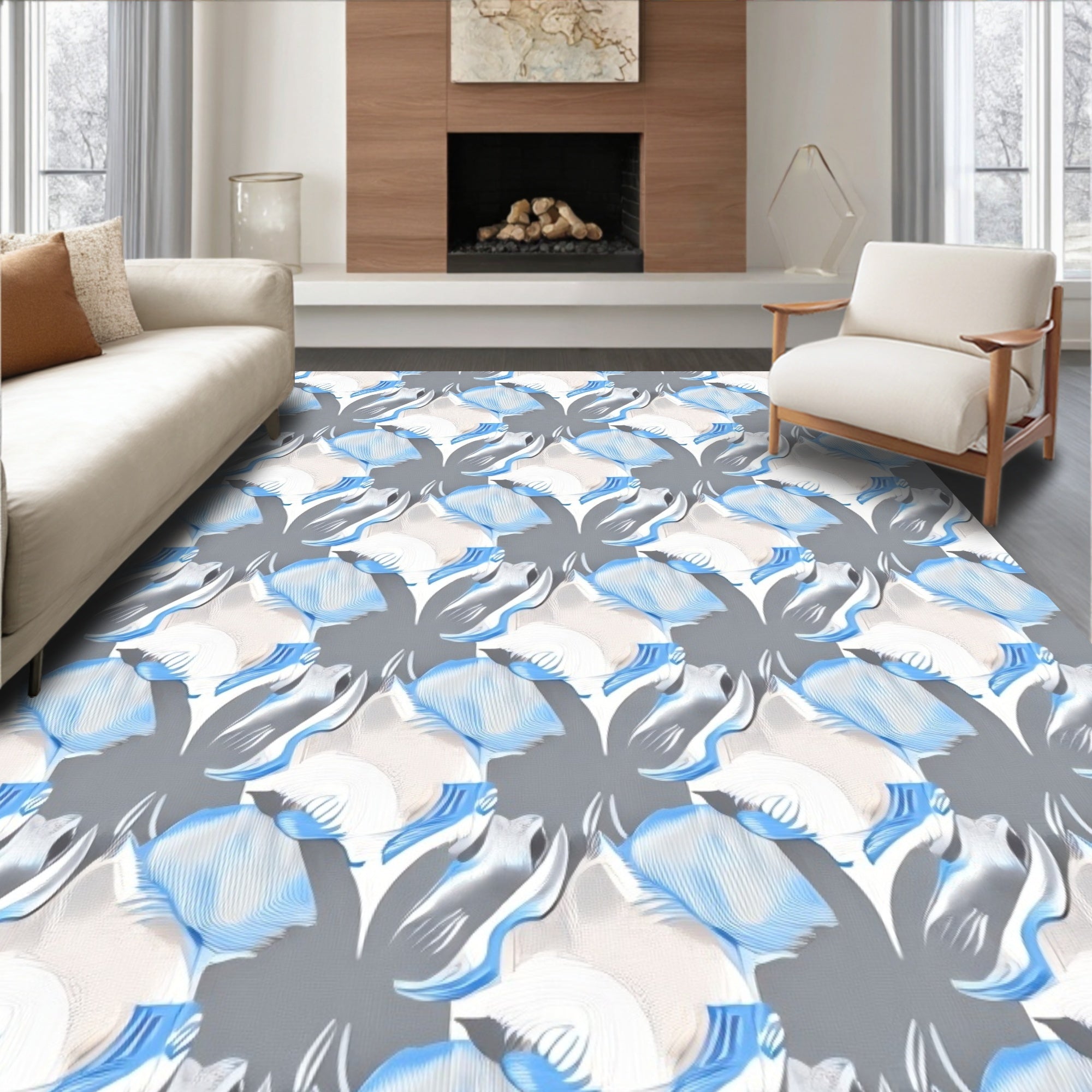 Soft Blue White Swirl Pattern Rug