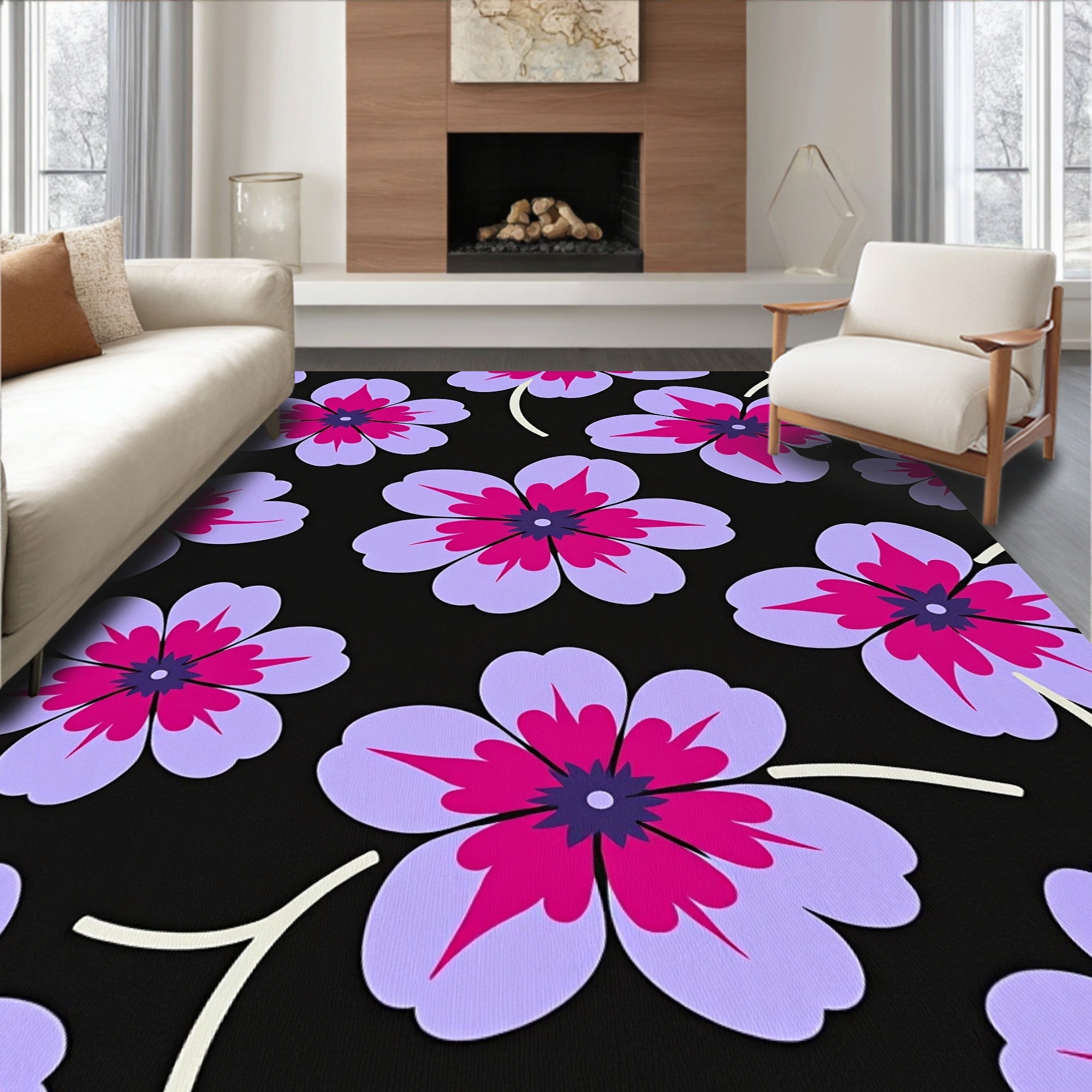 Bold Purple Pink Floral Pattern Rug