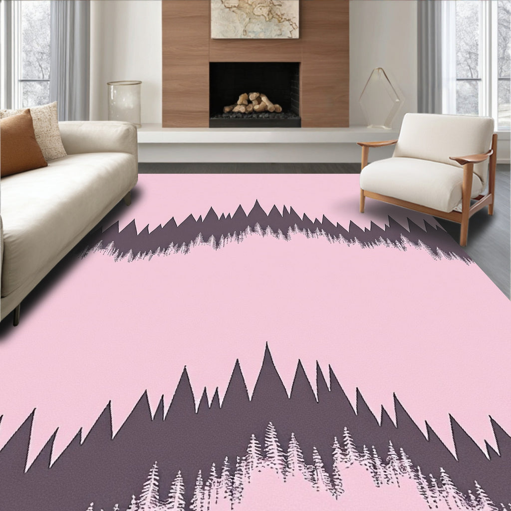 Pink Forest Silhouette Wave Pattern Rug