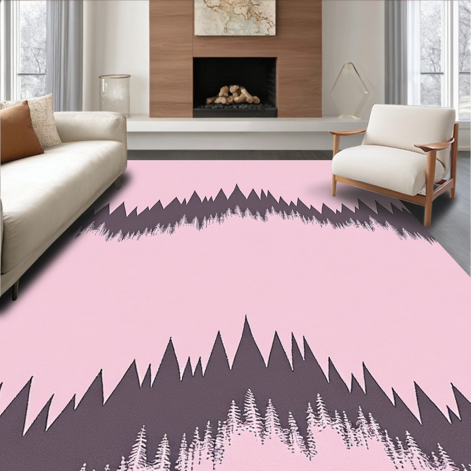Pink Forest Silhouette Wave Pattern Rug