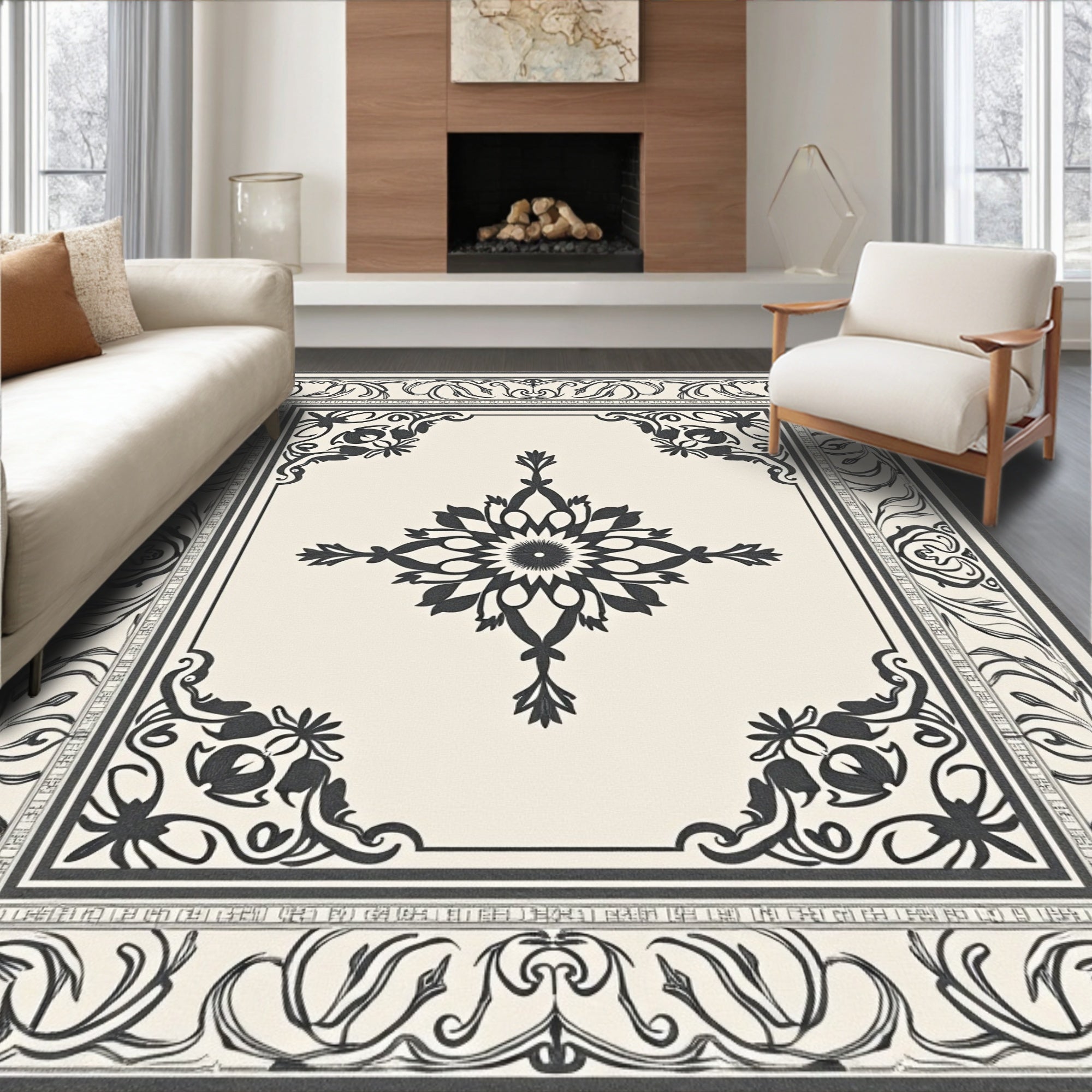 Ornate Floral Scrollwork Motif Rug